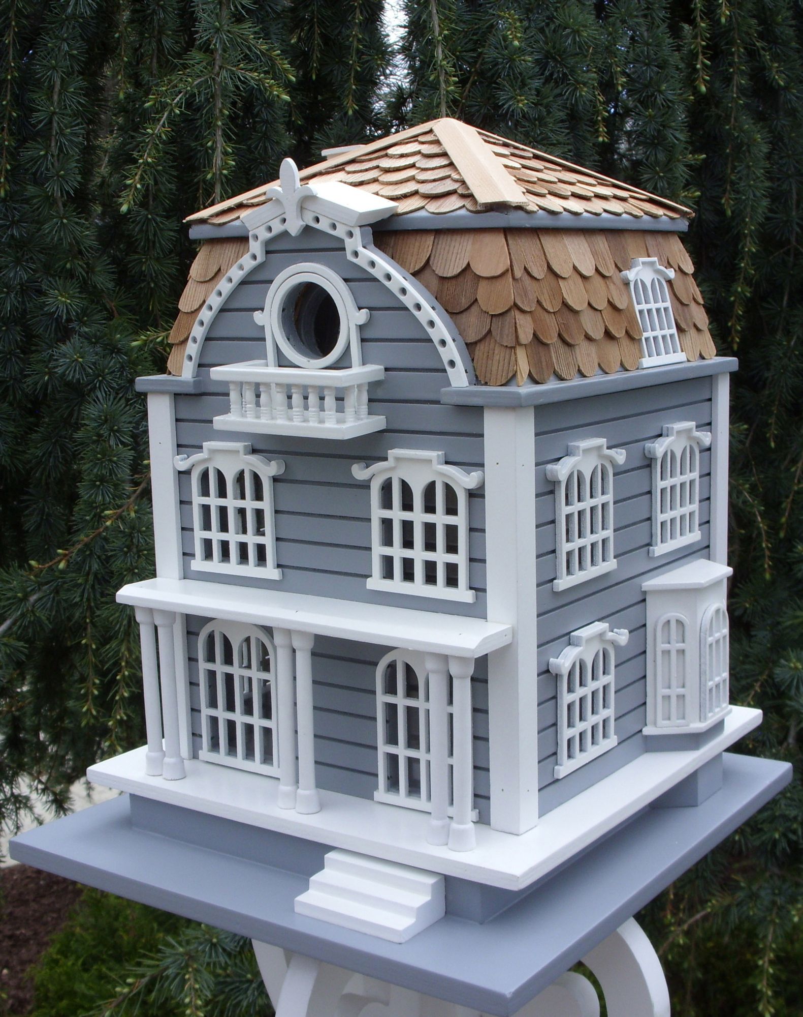 Sag Harbor Blue and White Wood Birdhouse with Mansard Roof