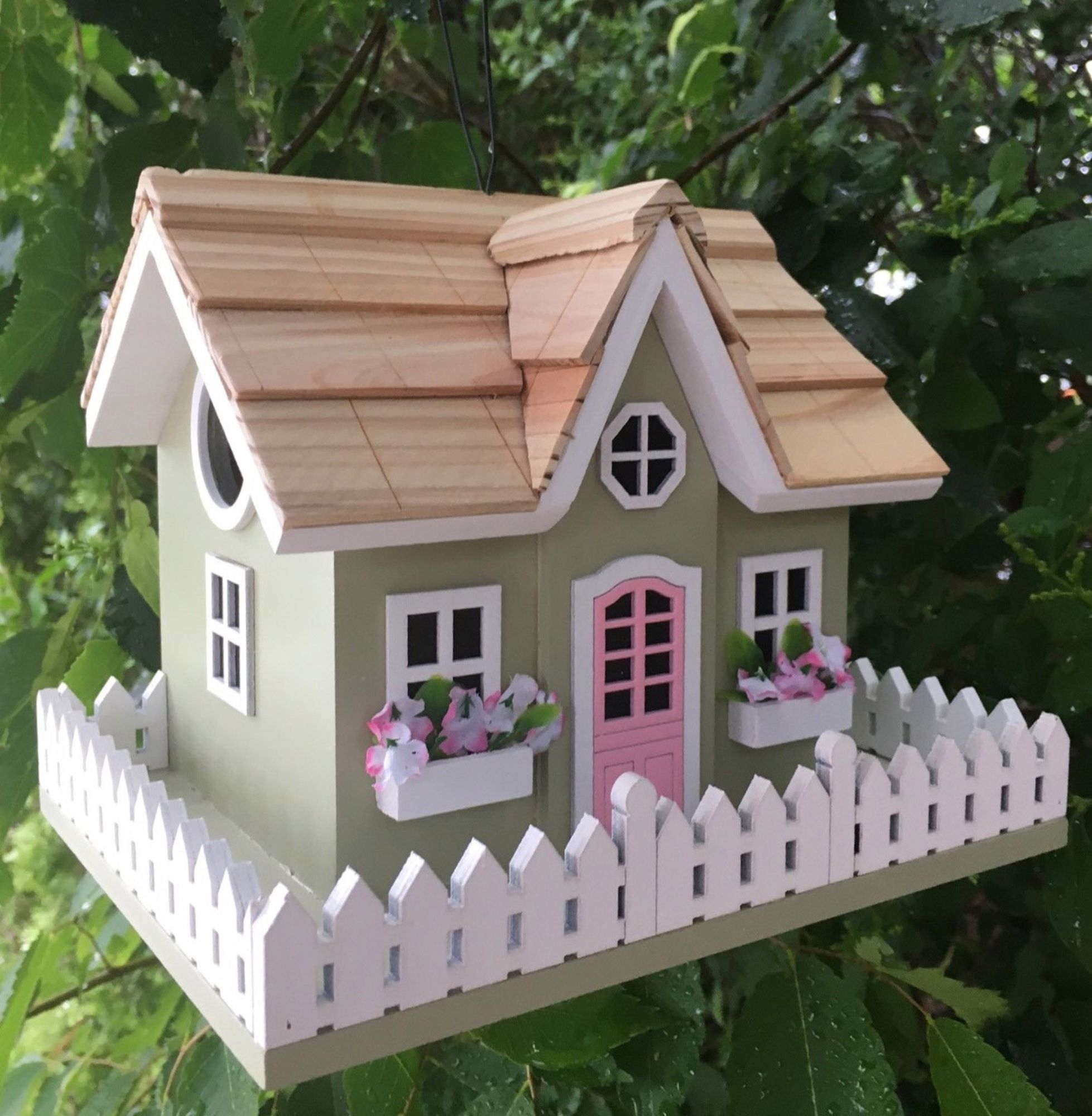 Snug Harbor Cottage Green and White Wood Birdhouse