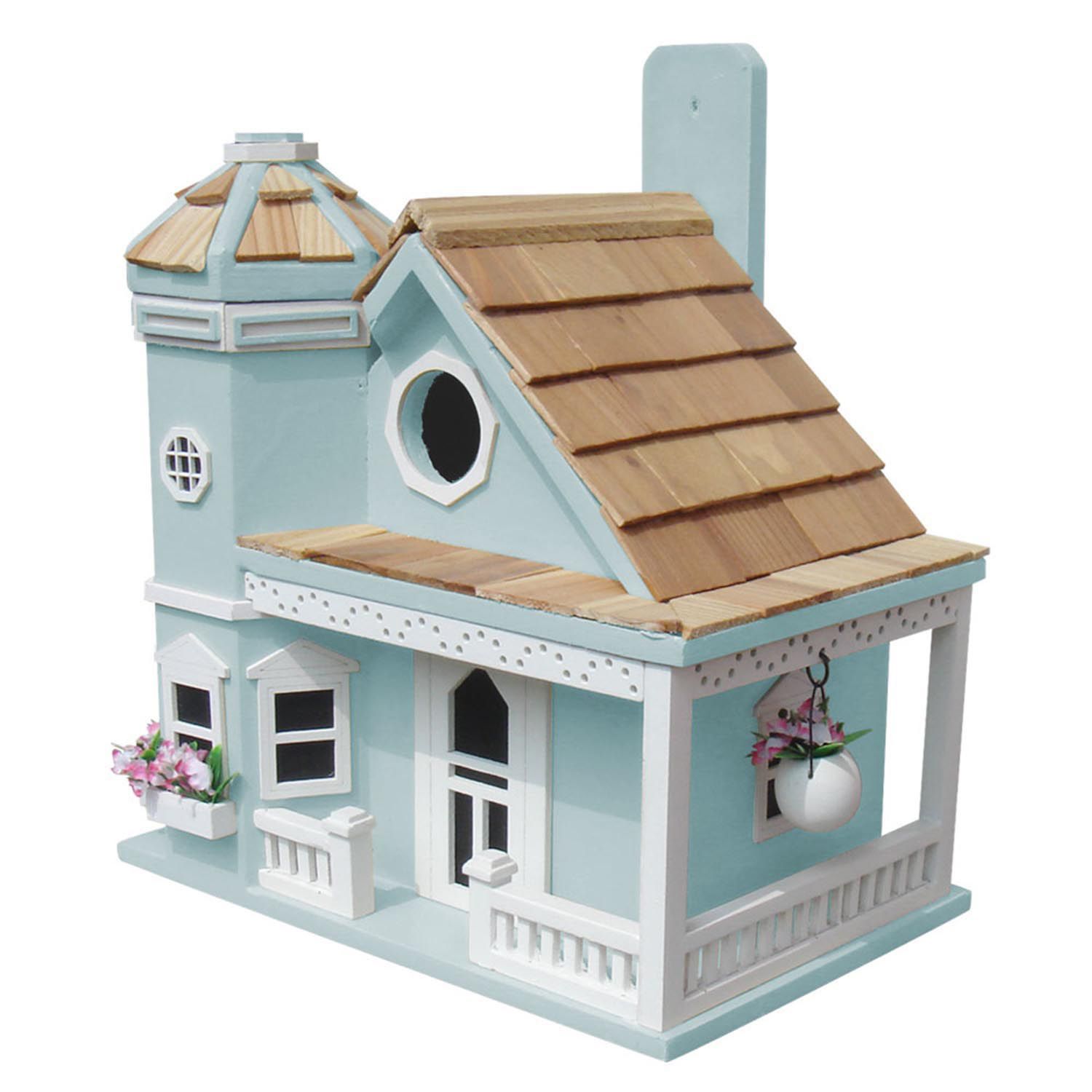 Flower Pot Cottage Blue Wood Birdhouse