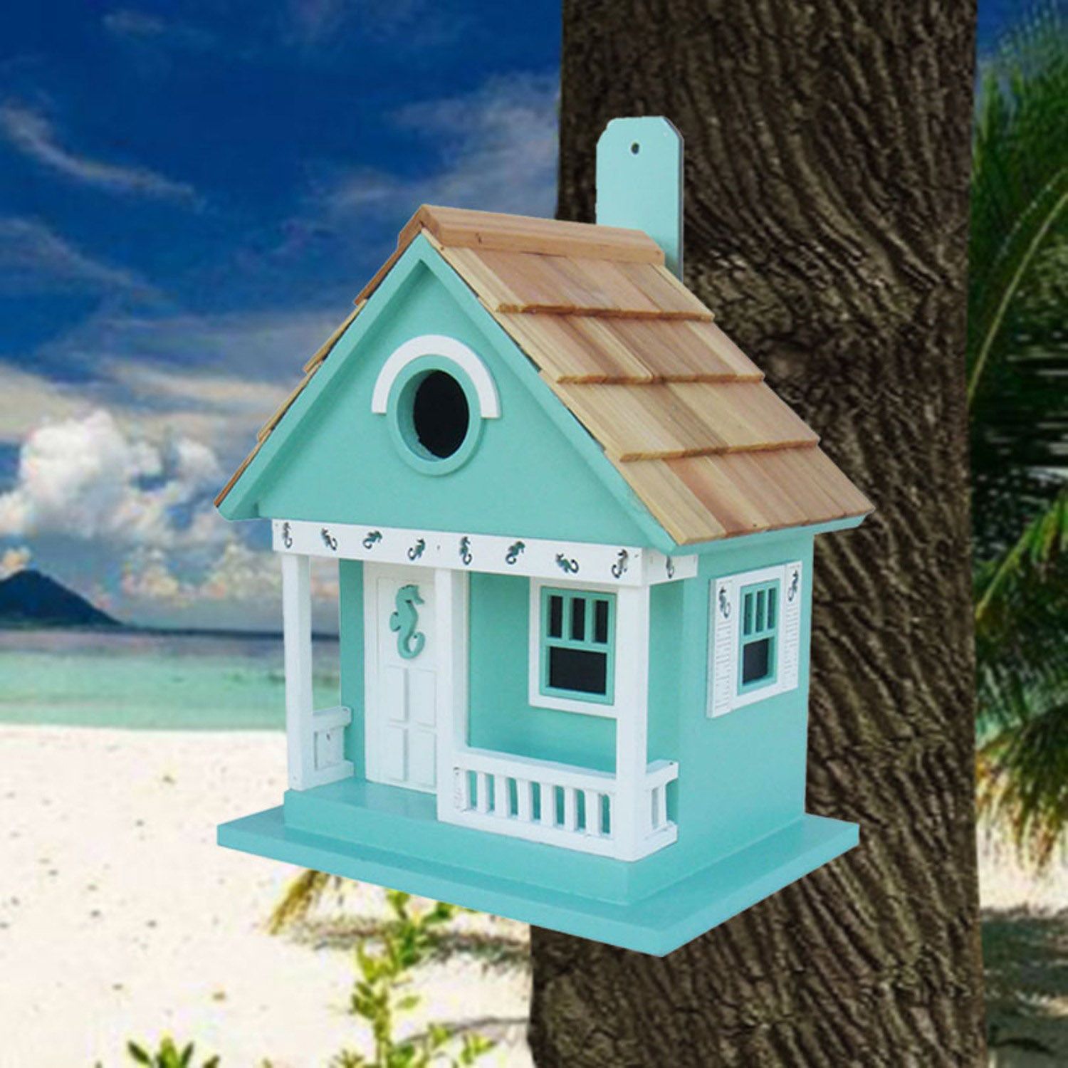 Sea Horse Cottage Aqua Wood Birdhouse