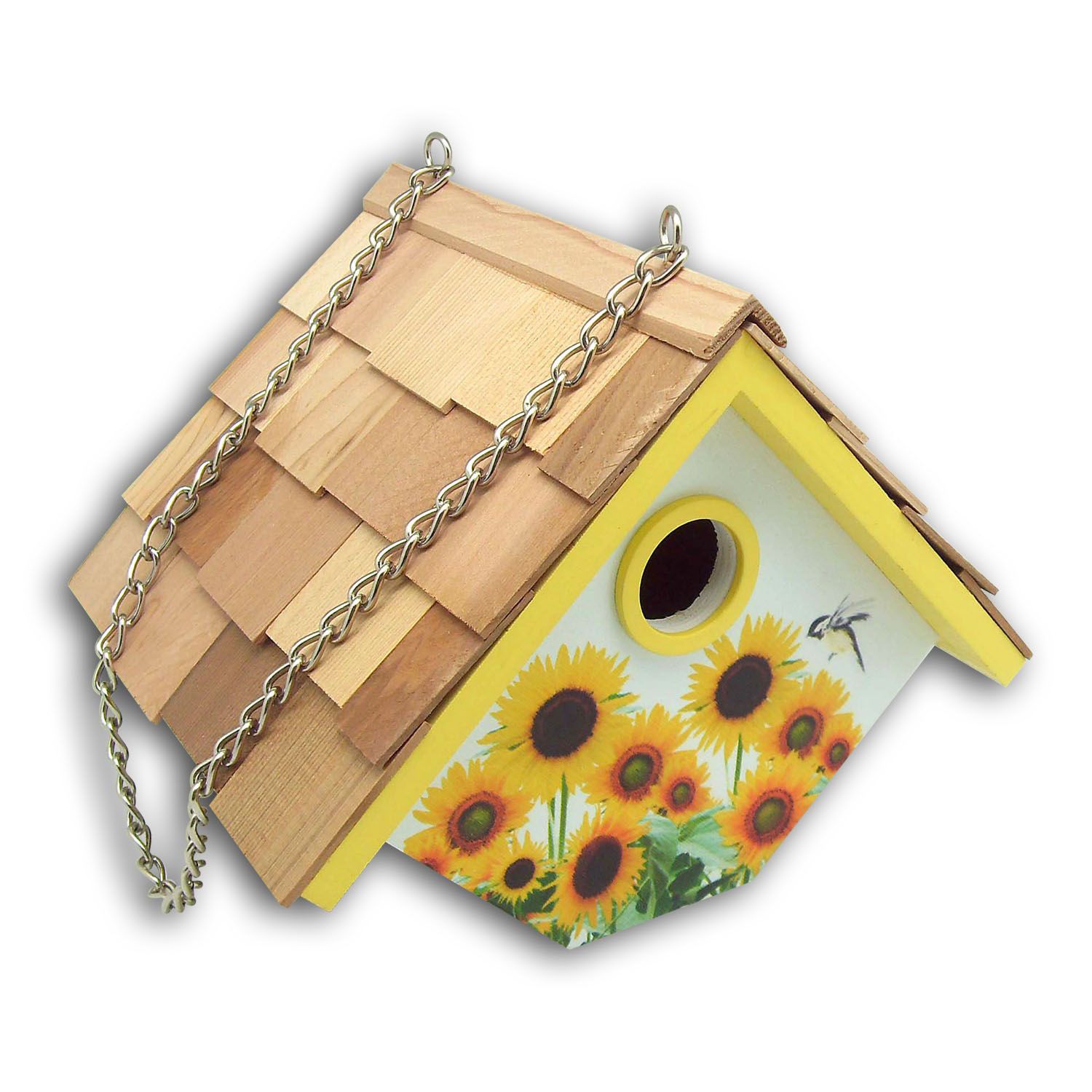 Printed Sunflower Wood Wren Hanging Birdhouse