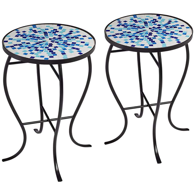Image 1 Multi Blue Mosaic Black Iron Outdoor Accent Tables Set of 2