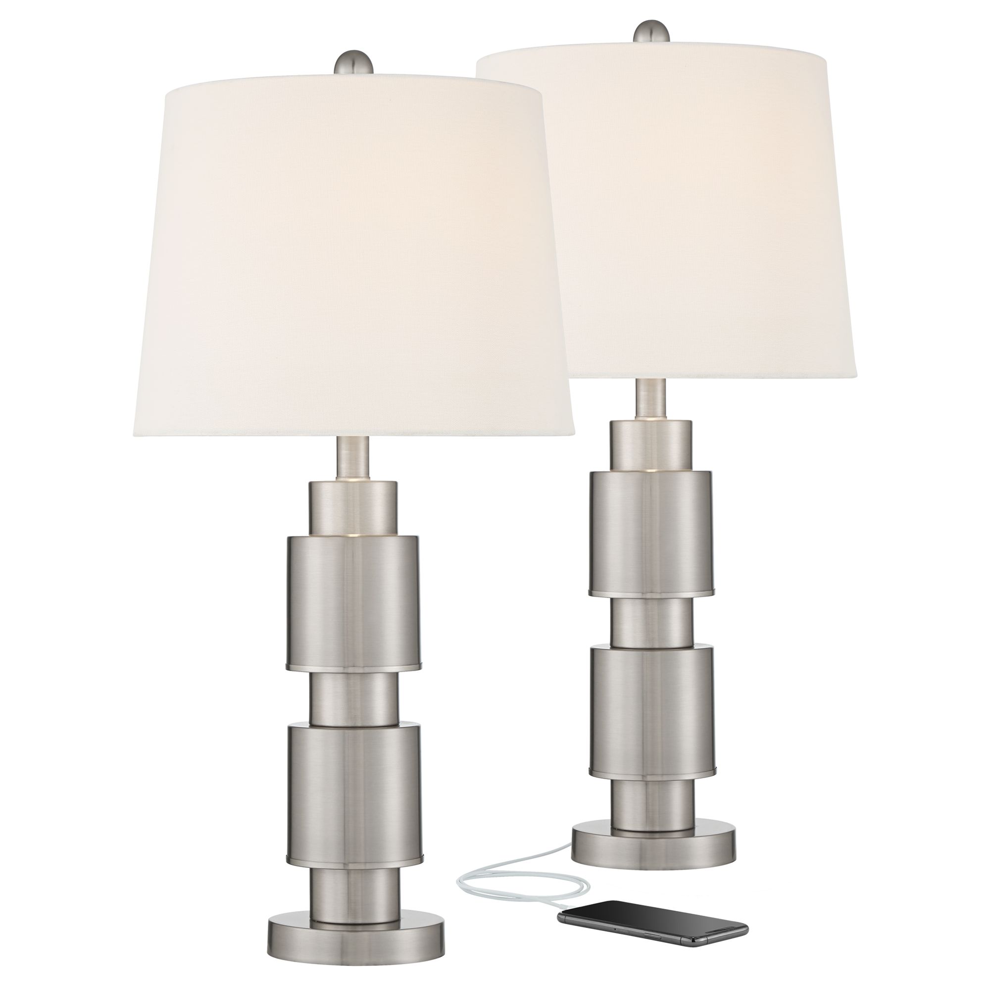 Boris Brushed Nickel Modern USB Table Lamp Set of 2 85V96 Lamps Plus