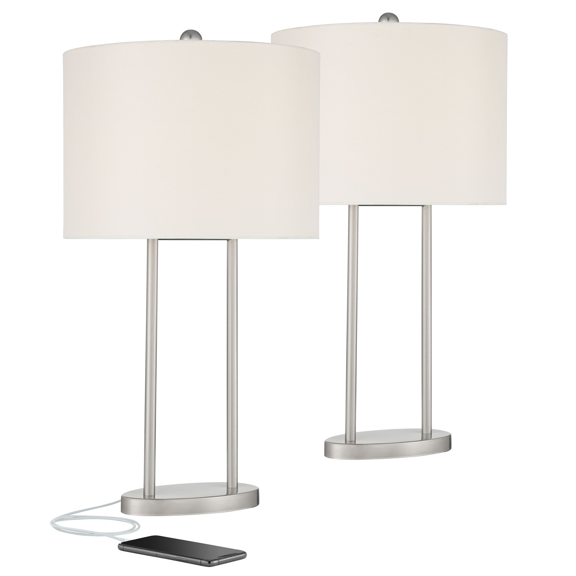 Amanda Brushed Nickel USB Table Lamps Set of 2