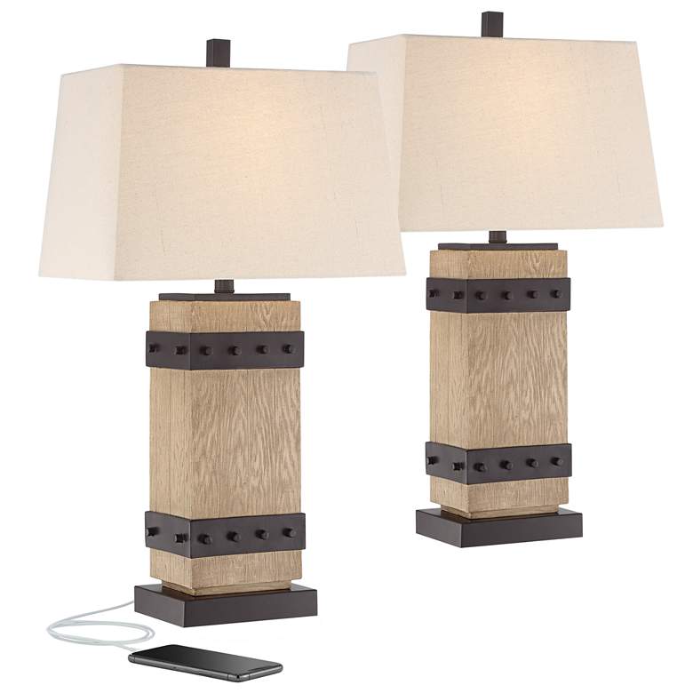 Image 2 Silas Wood Finish Rustic USB Table Lamps Set of 2