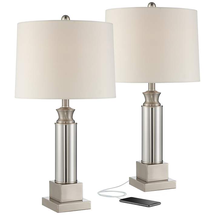 Silver Column Mercury Glass Usb Table, Silver Table Lamps Set Of 2