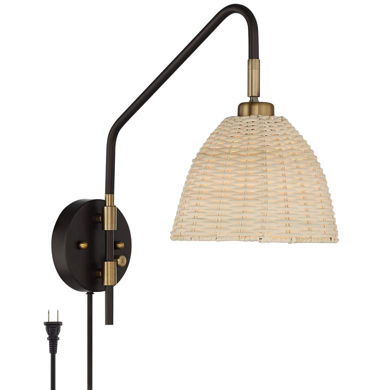 Vega Bronze and Brass Rattan Shade Plug-In Wall Lamp