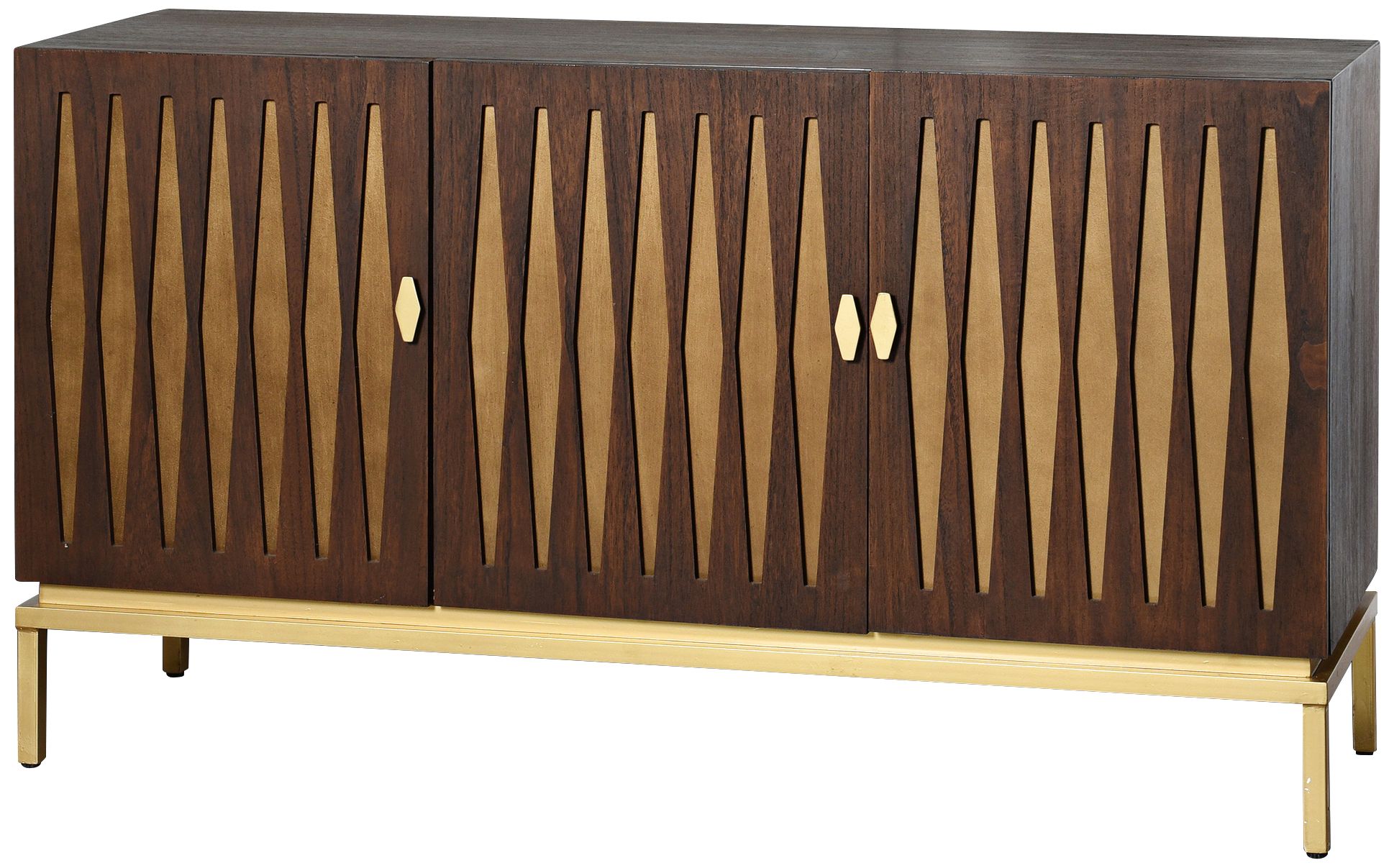 Ryker 57"W Chestnut Brown and Gold 3-Door Credenza Cabinet