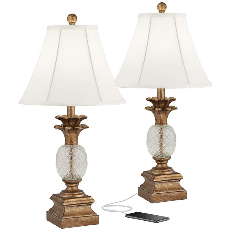 Kona Pineapple Bronzed Brass and Textured Glass USB Table Lamps Set of 2