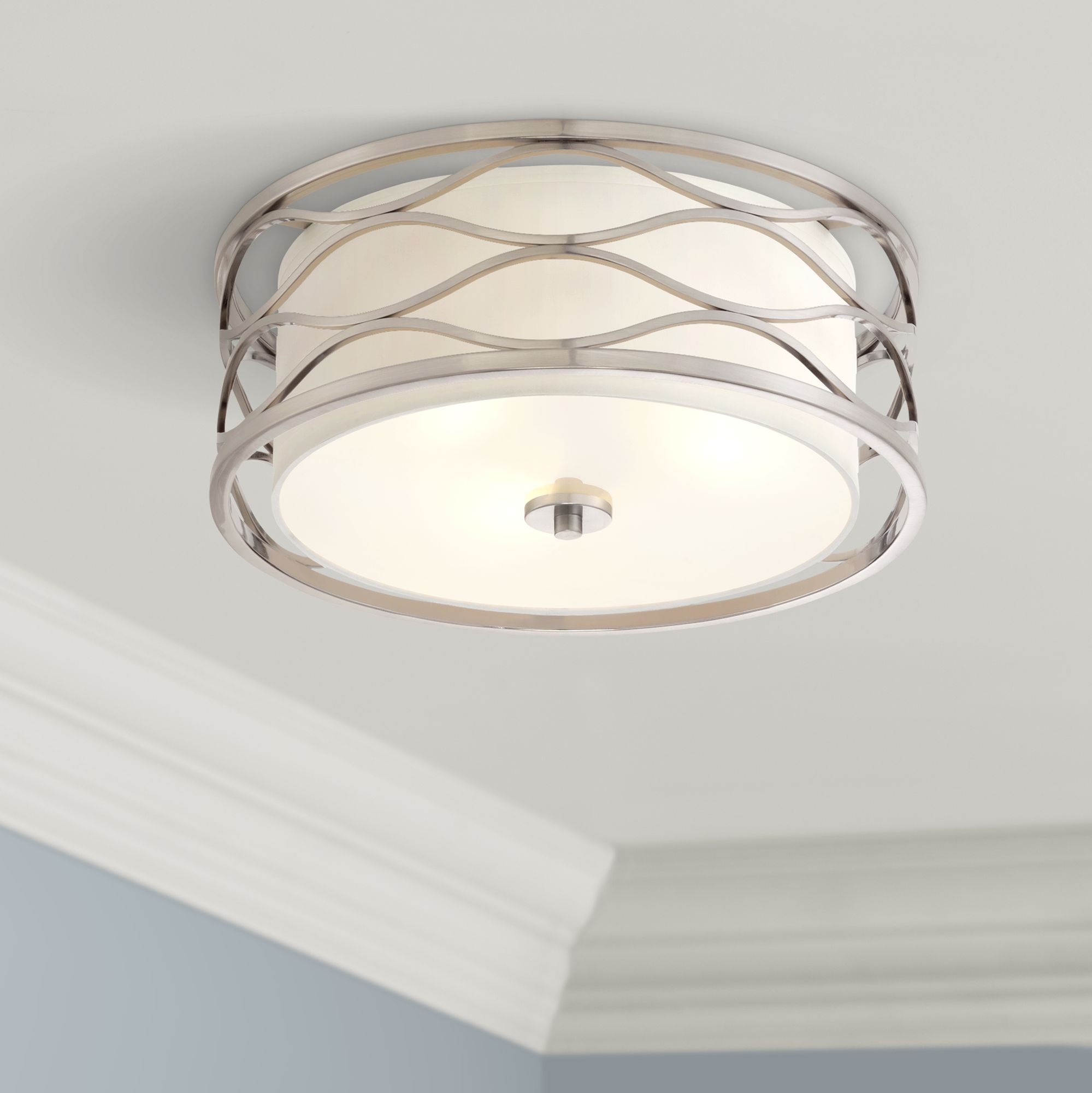 Details About Modern Ceiling Light Flush Mount Fixture Nickel Wavy 16 Fabric Drum Bedroom