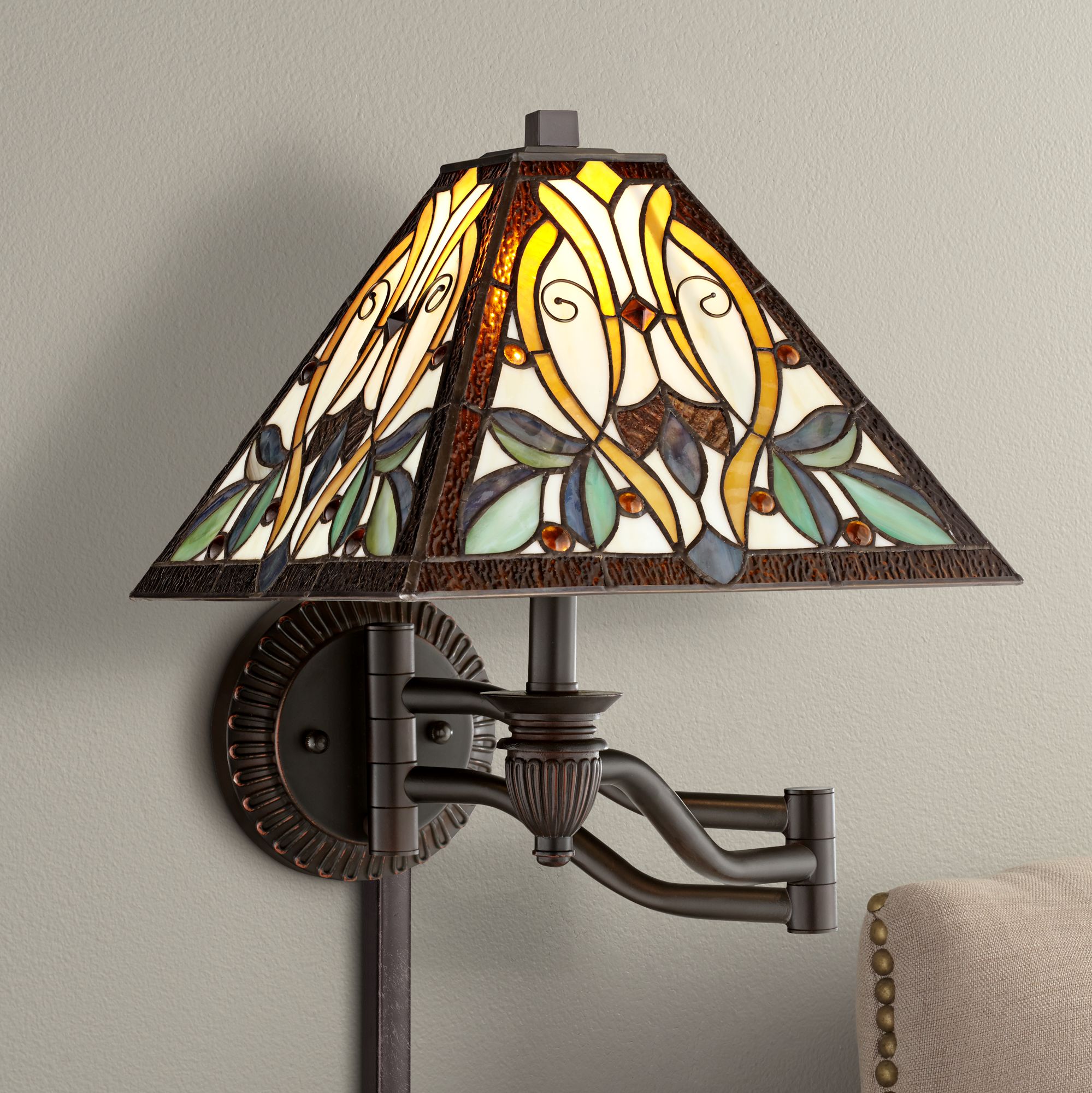 Tiffany Style Swing Arm Wall Lamp Bronze PlugIn Multi Colored Art Glass Bedroom eBay