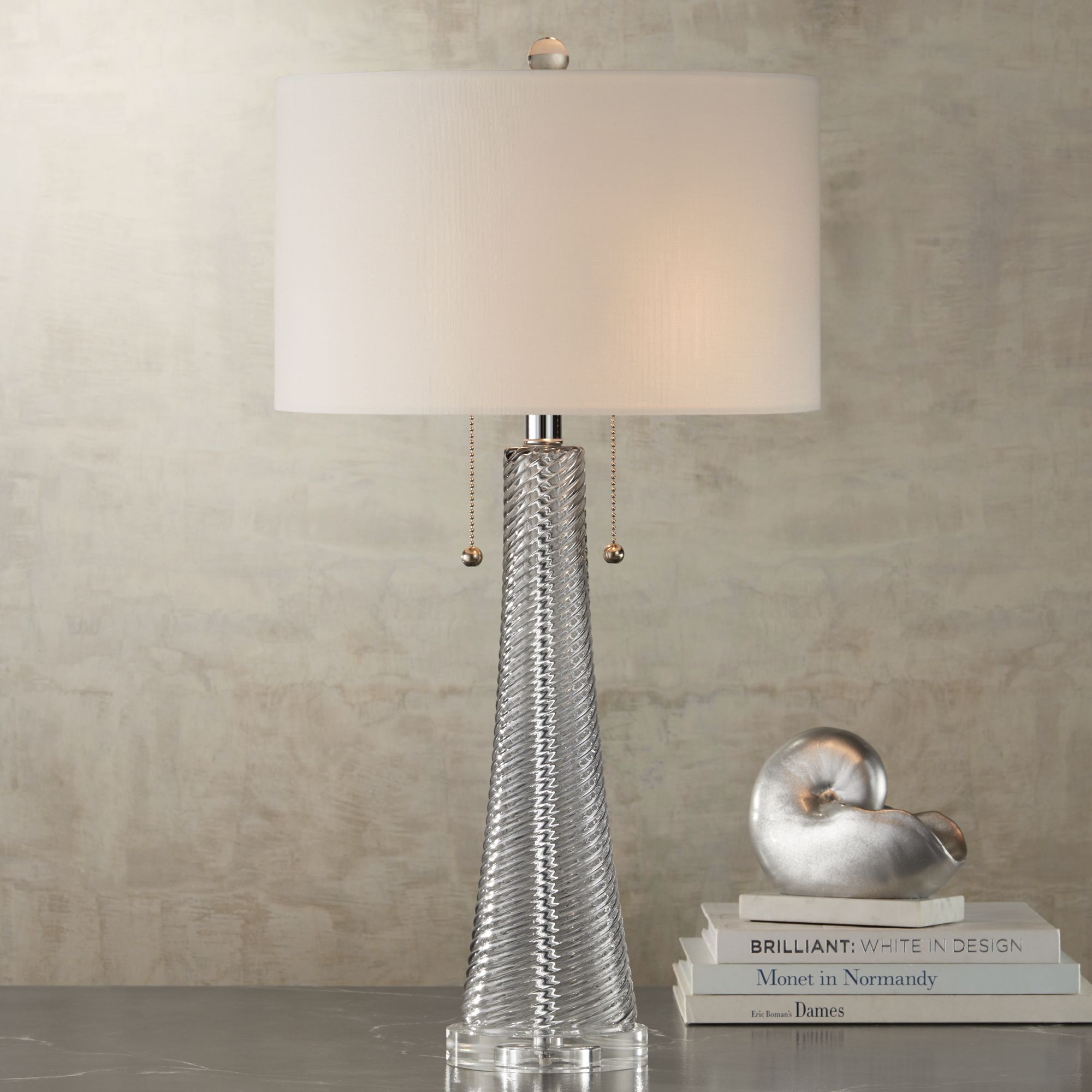 Modern Table Lamp Gray Swirl Fluted Glass For Living Room Bedroom