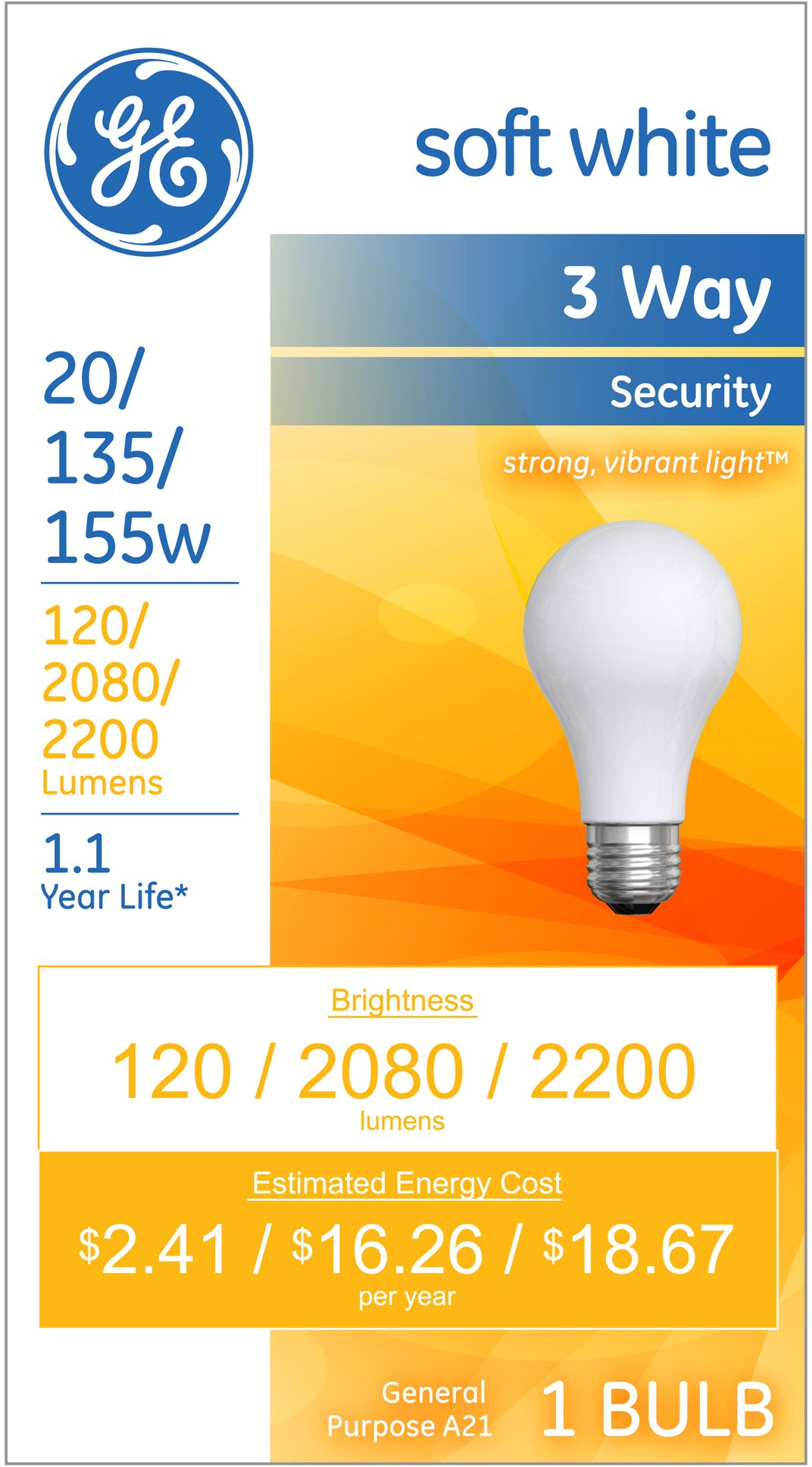 GE Soft White 3 Way 20 135 155 Watt Security Light Bulb 8J908