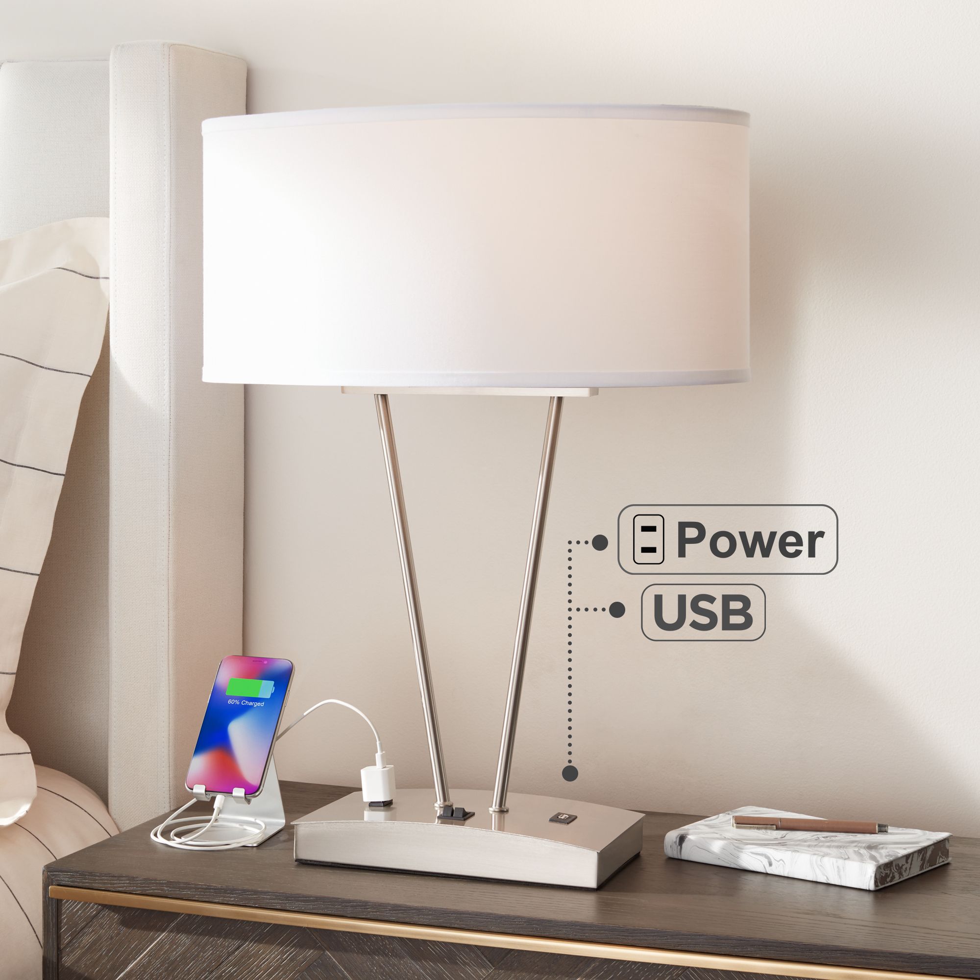 Modern Table Lamp With Usb And Ac Power Outlet In Base Silver For