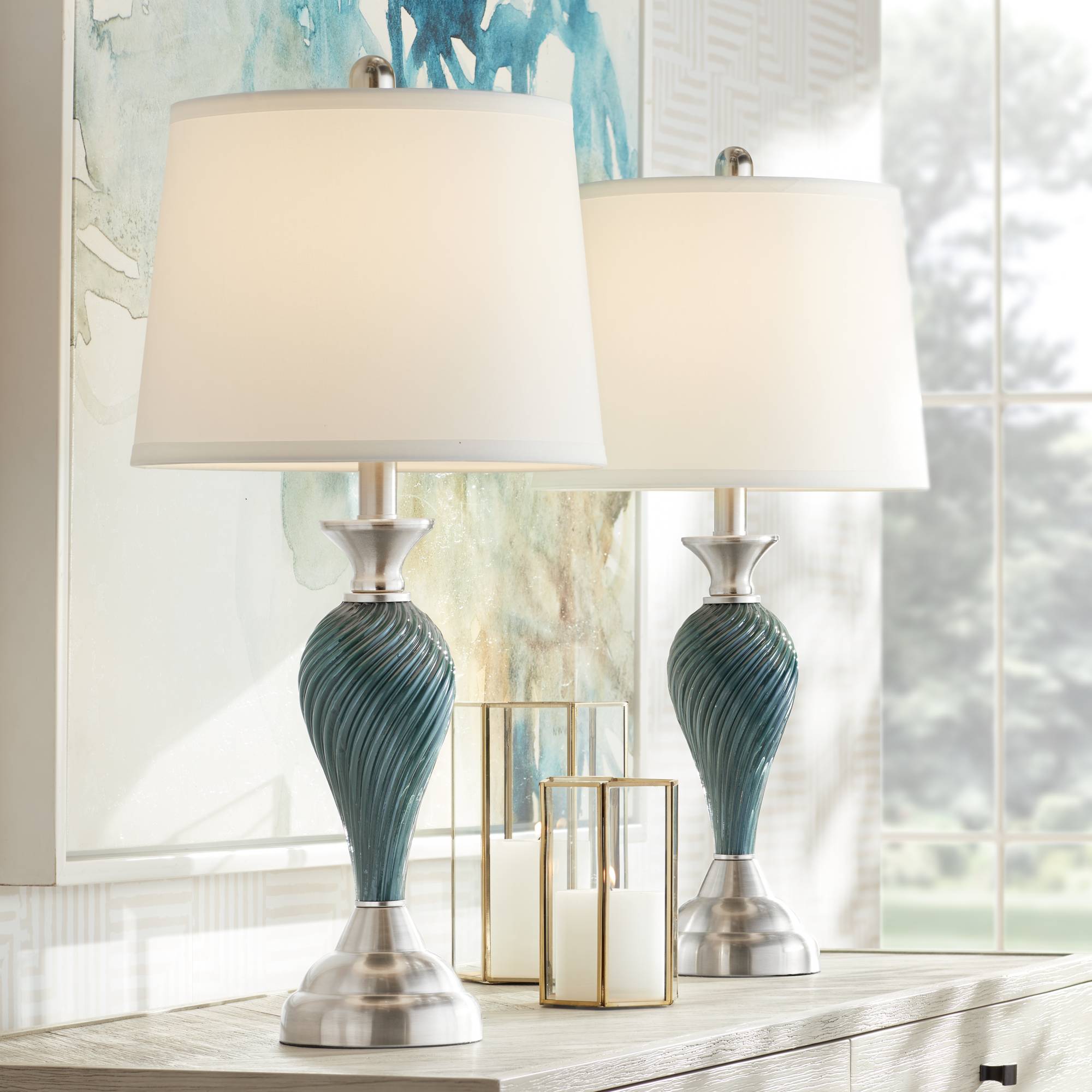 Modern Table Lamps Set Of 2 Green Blue Glass Twist Column Living Room Bedroom 736101771722 EBay