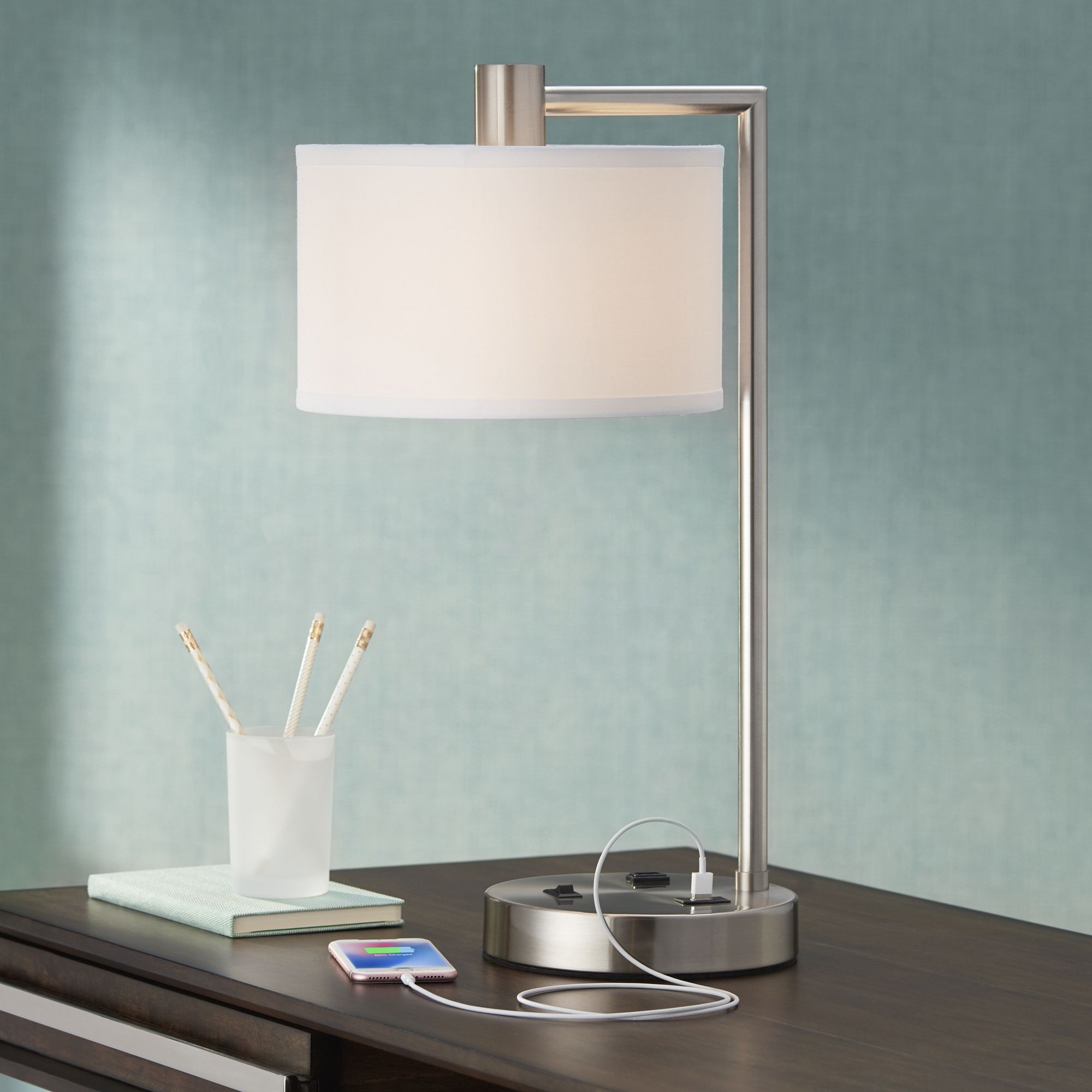 Modern Desk Lamp With Usb Outlet Brushed Nickel Drum Shade For