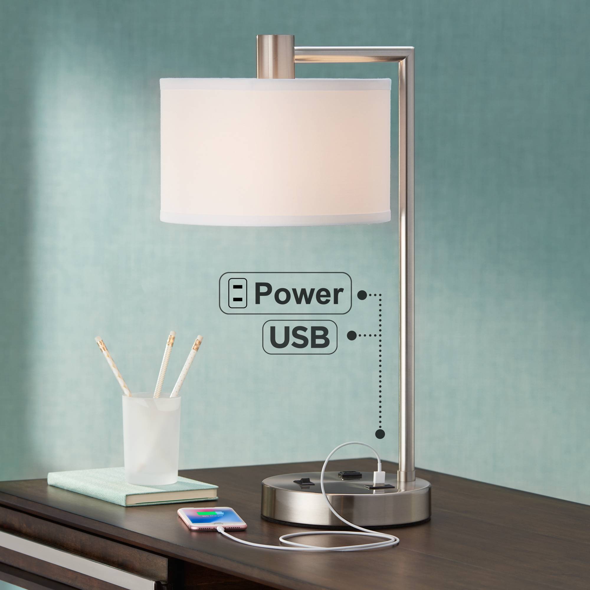 Modern Desk Lamp With Usb Outlet Brushed Nickel Drum Shade For