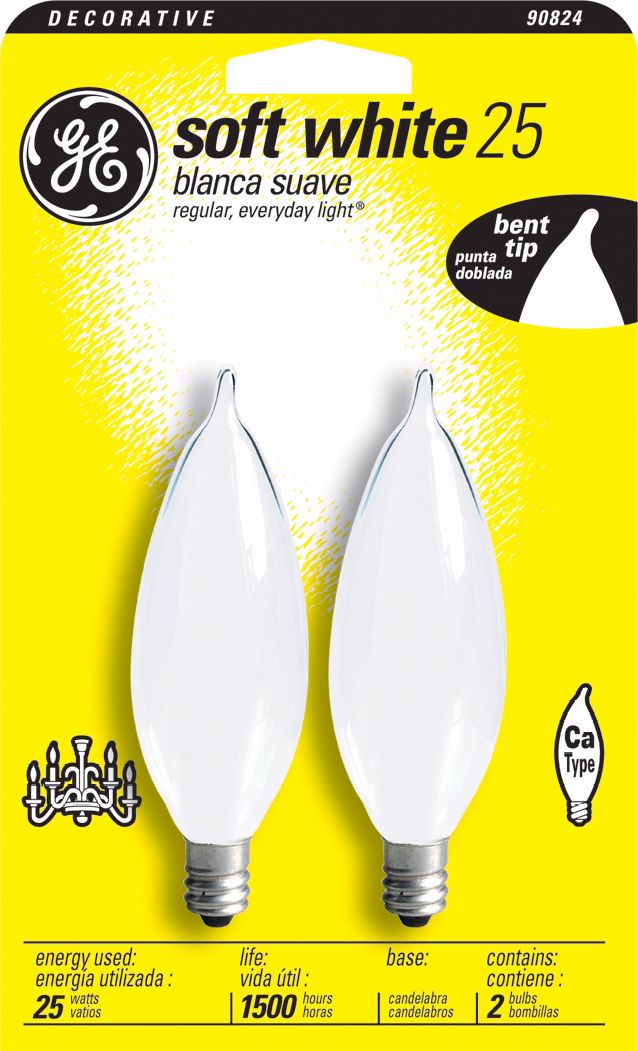 GE 25 Watt 2Pack Bent Tip Frosted Candelabra Bulb 90824 Lamps Plus