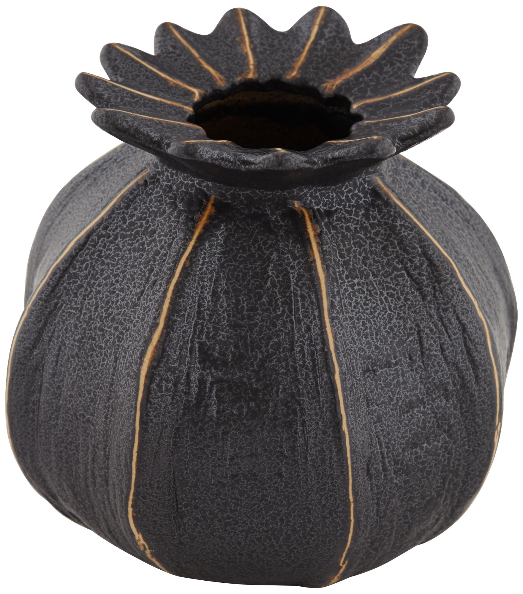 Dupree 6 1/4" High Matte Black Ridged Round Pomegranate Porcelain Vase