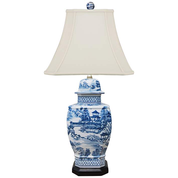 Hado Blue And White Chinoiserie Square, Blue And White Porcelain Temple Jar Table Lamp