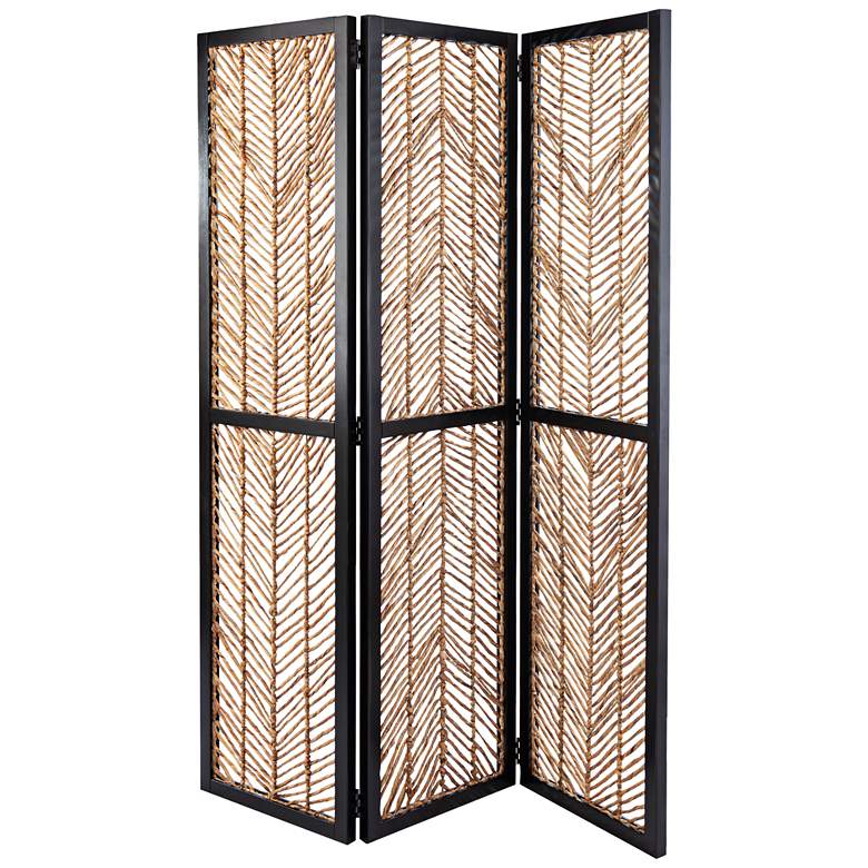 Quilino 53&quot;W Black Natural 3-Panel Woven Room Screen Divider