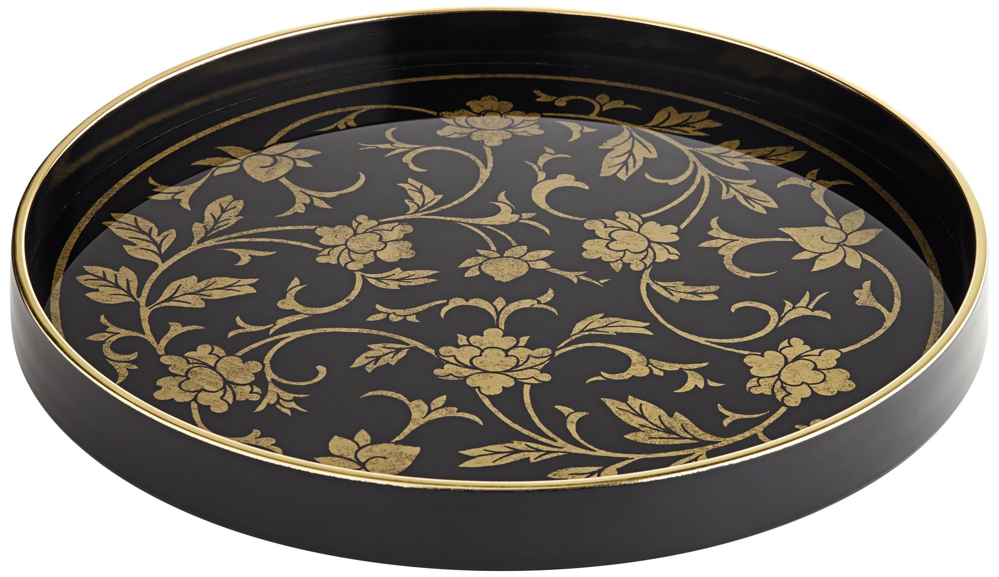 Floral Painted Black and Gold Round Decorative Tray