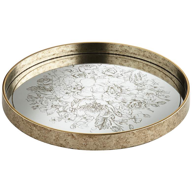 Floral Center Painted Gold and White Round Decorative Tray