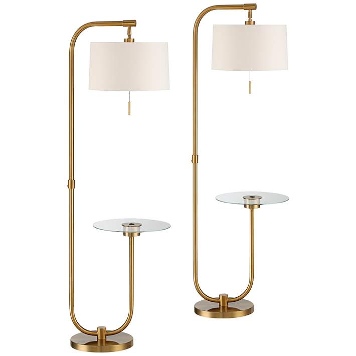 Volta Antique Brass Usb Tray Table, Polished Brass Floor Lamp With Built In Table