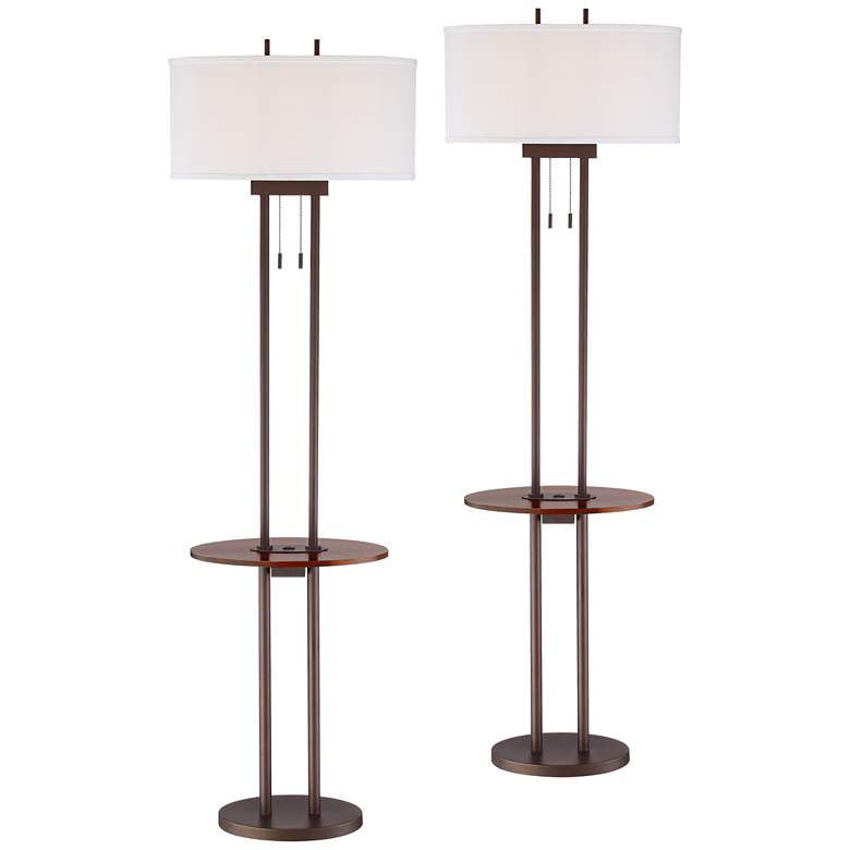 Roscoe Bronze Twin Pole USB Tray Floor Lamps Set of 2