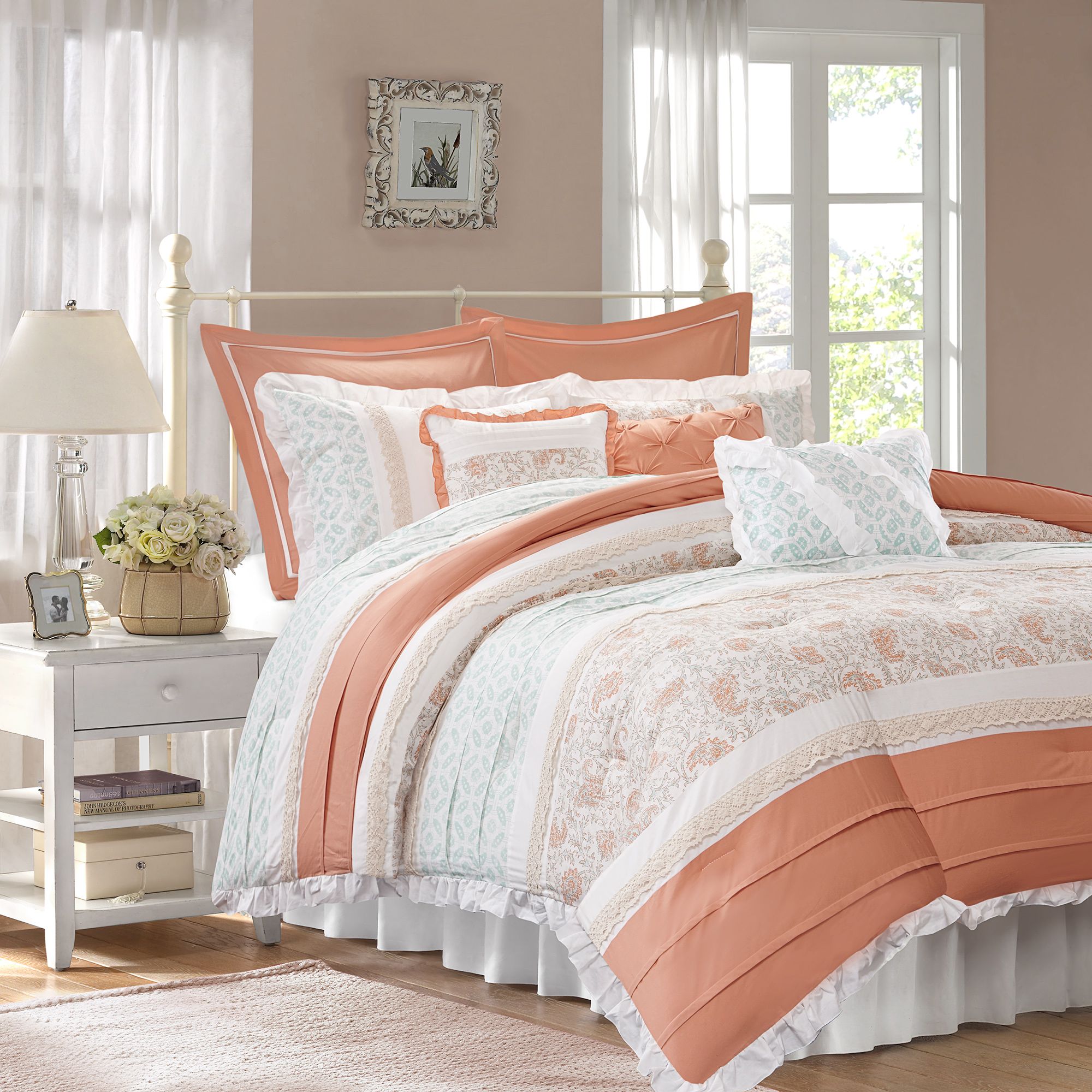 Dawn Coral Print 9Piece Comforter Set 93N85 Lamps Plus