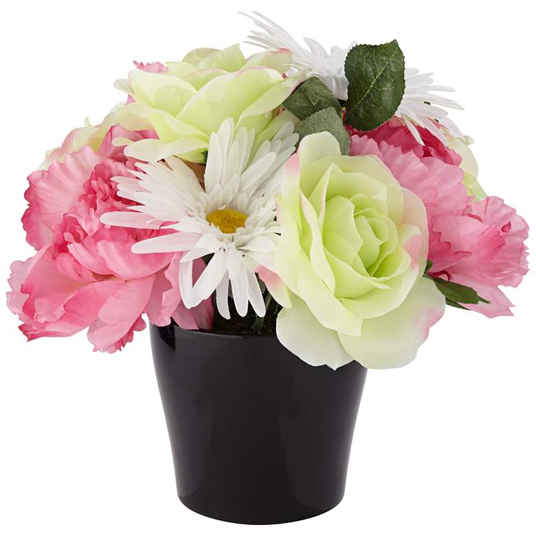 Pink Peonie and Green Rose 10 1/2&quot; High Faux Flowers in Pot