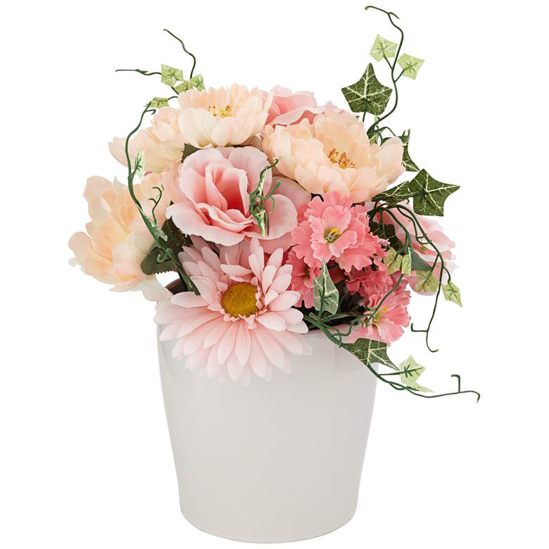Pink Daisy and Peach Hydrangea 12&quot; High Faux Flowers in Pot