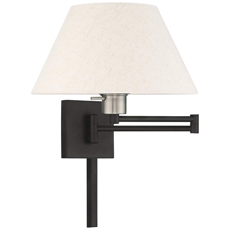 Image 2 Black Swing Arm Wall Lamp with Oatmeal Fabric Empire Shade