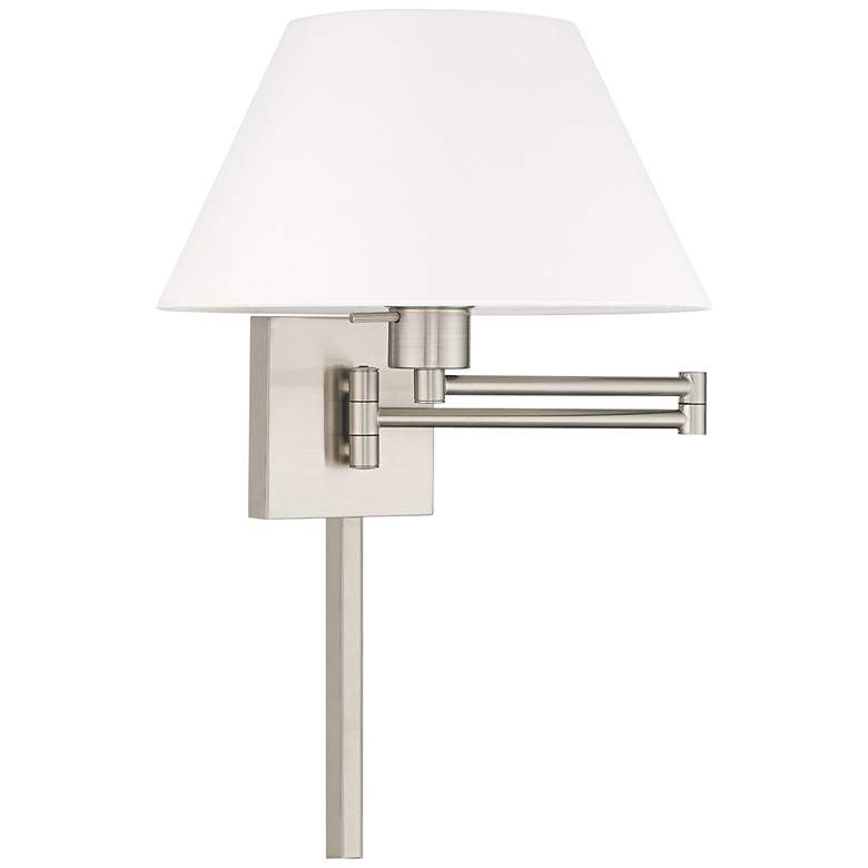 Image 2 Brushed Nickel Swing Arm Wall Lamp w/ Off-White Empire Shade