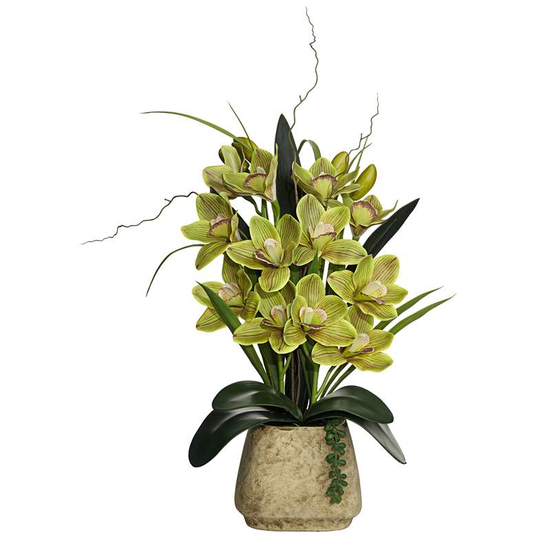 Green Cymbidium Orchid 21 1/2&quot; High Faux Flowers in Pot