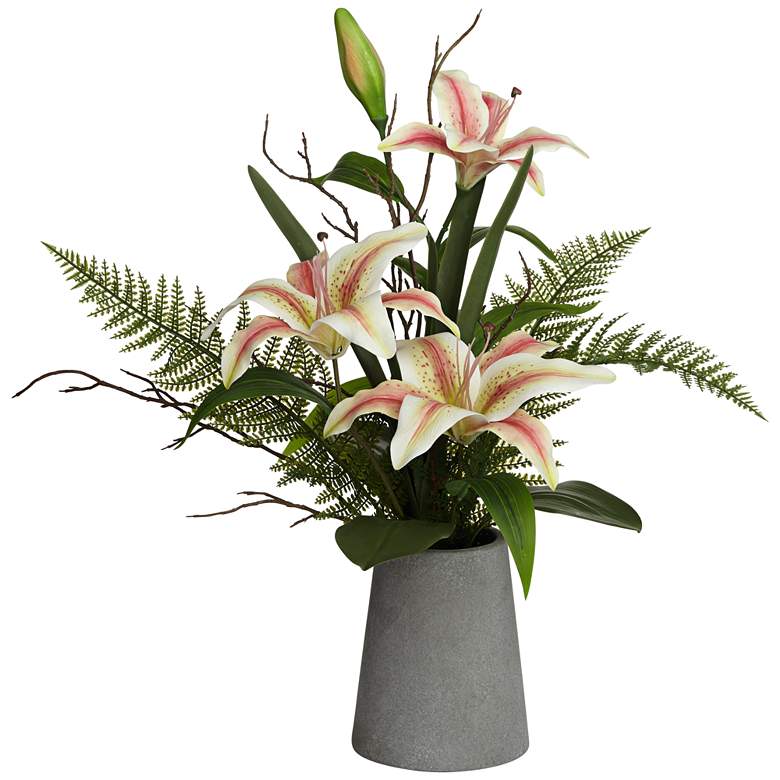 Pink Lily and Fern 22 1/2&quot; High Faux Flowers in Vase