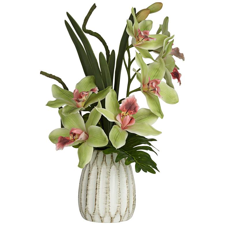 Green and Pink Cymbidium Orchid 19 1/2&quot;H Faux Flowers in Pot
