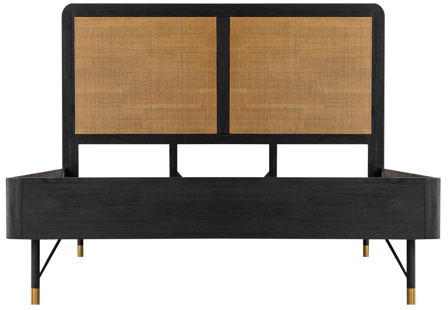 Saratoga Queen Platform Bed in Black Acacia Wood, Rattan and Metal