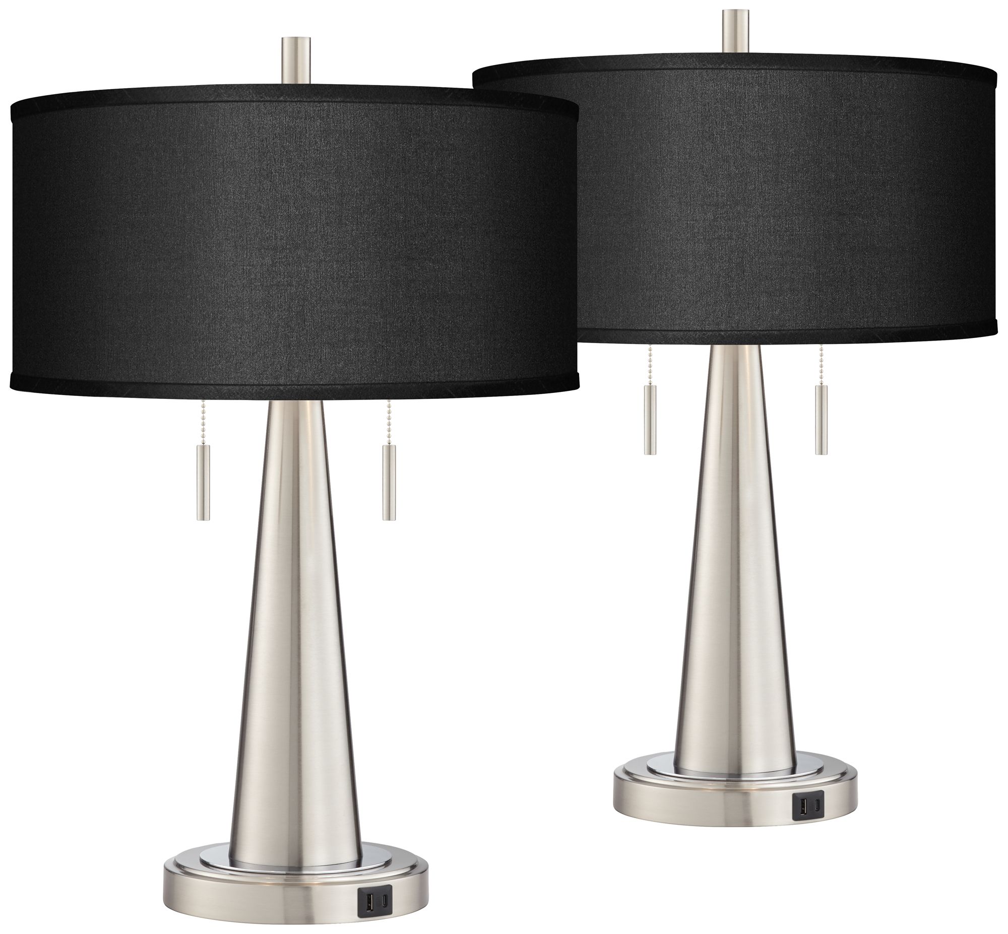 Black Faux Silk Shades Modern USB Table Lamps Set of 2