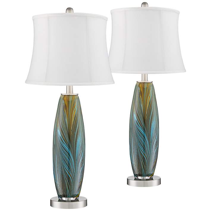 Azure Art Glass Cream Shade Table Lamps, Cream Table Lamp Sets