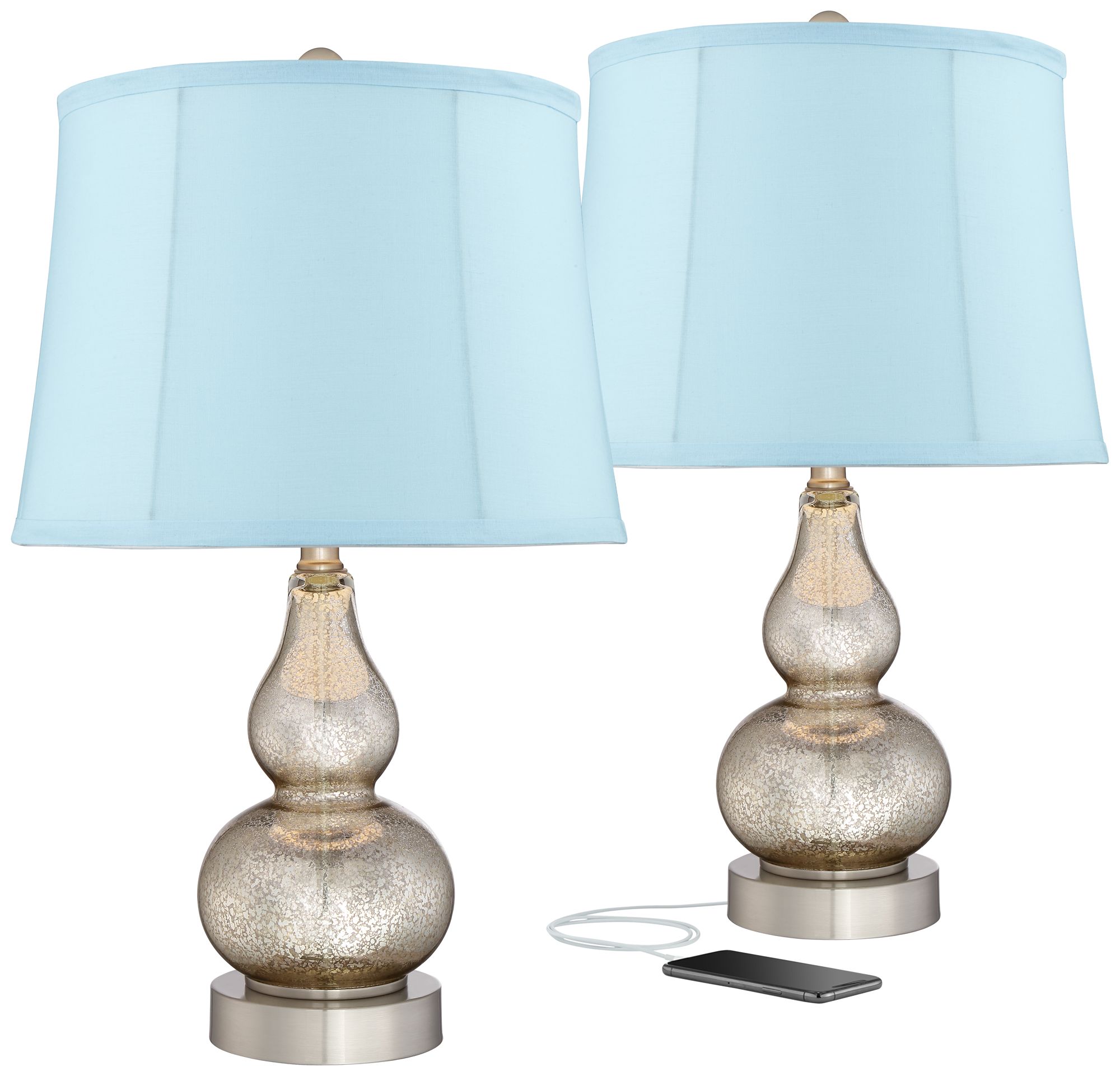 Castine Mercury Blue Softback Glass USB Table Lamps Set of 2