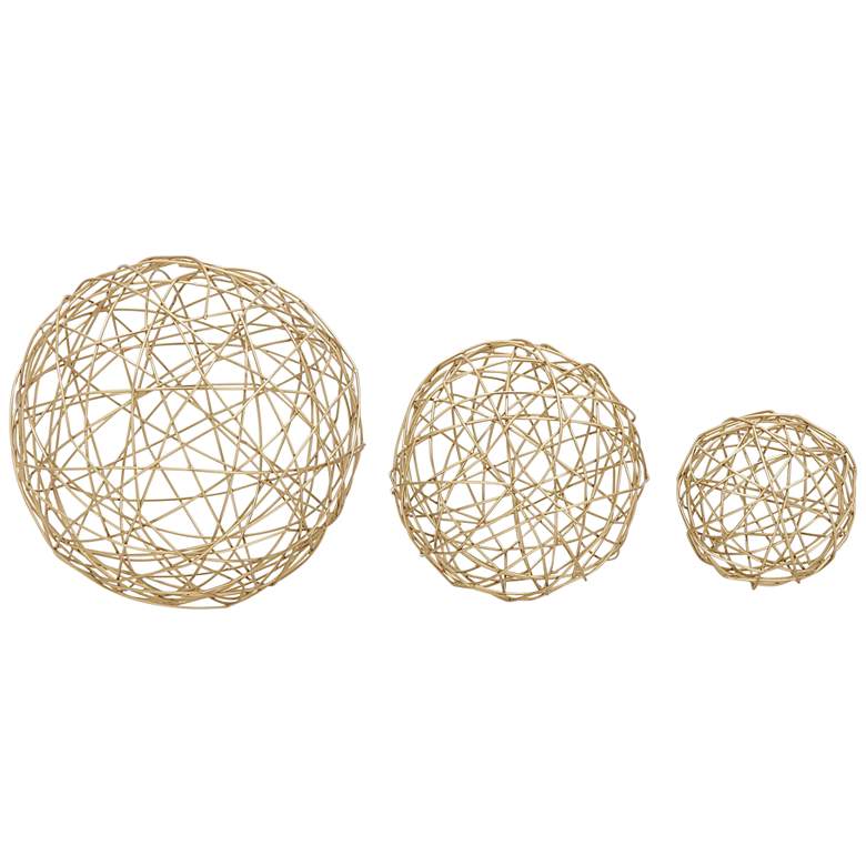Image 2 Metallic Gold 8" Wide Geometric Sphere Sculptures Set of 3