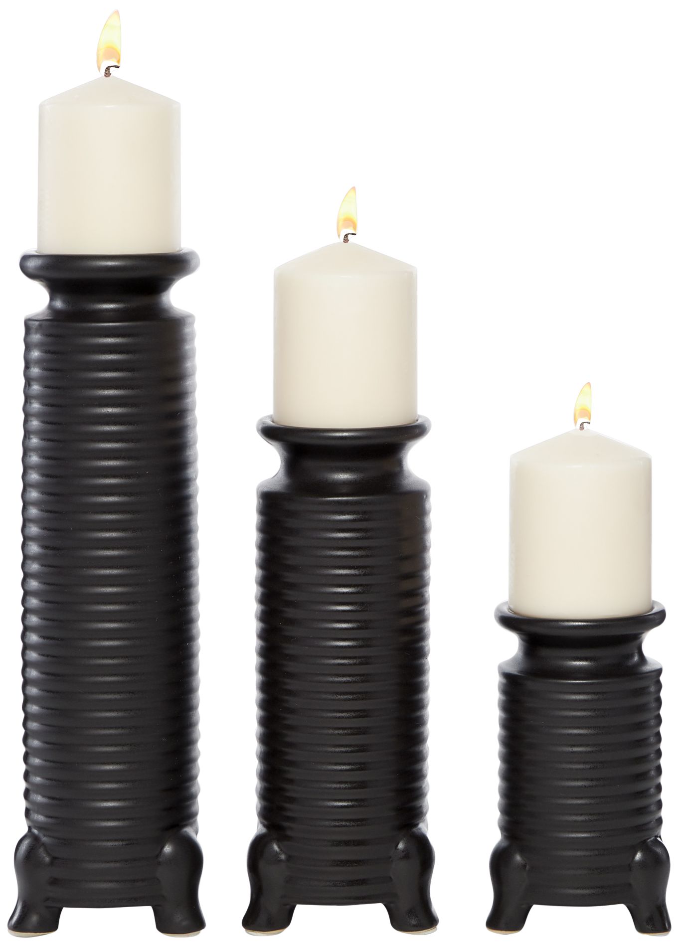 Ribbed Black Ceramic Cylinder Pillar Candle Holders Set of 3 97J02
