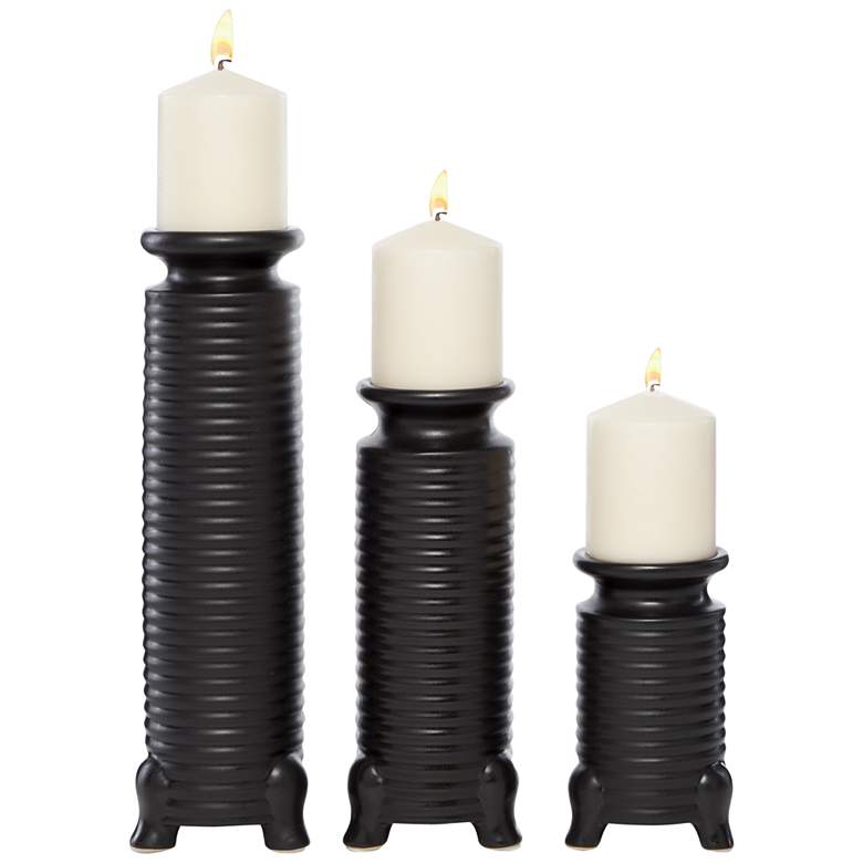 Ribbed Black Ceramic Cylinder Pillar Candle Holders Set of 3