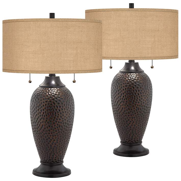 Hammered Bronze Table Lamps With Burlap, Table Lamp With Burlap Drum Shade