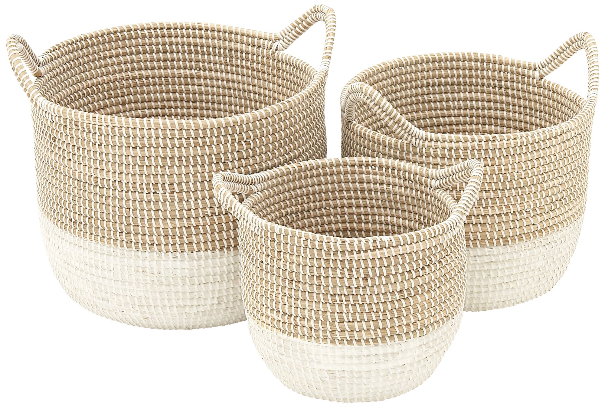 Seagrass Round 3Piece 2Tone White Woven Basket Set 9H359 Lamps Plus