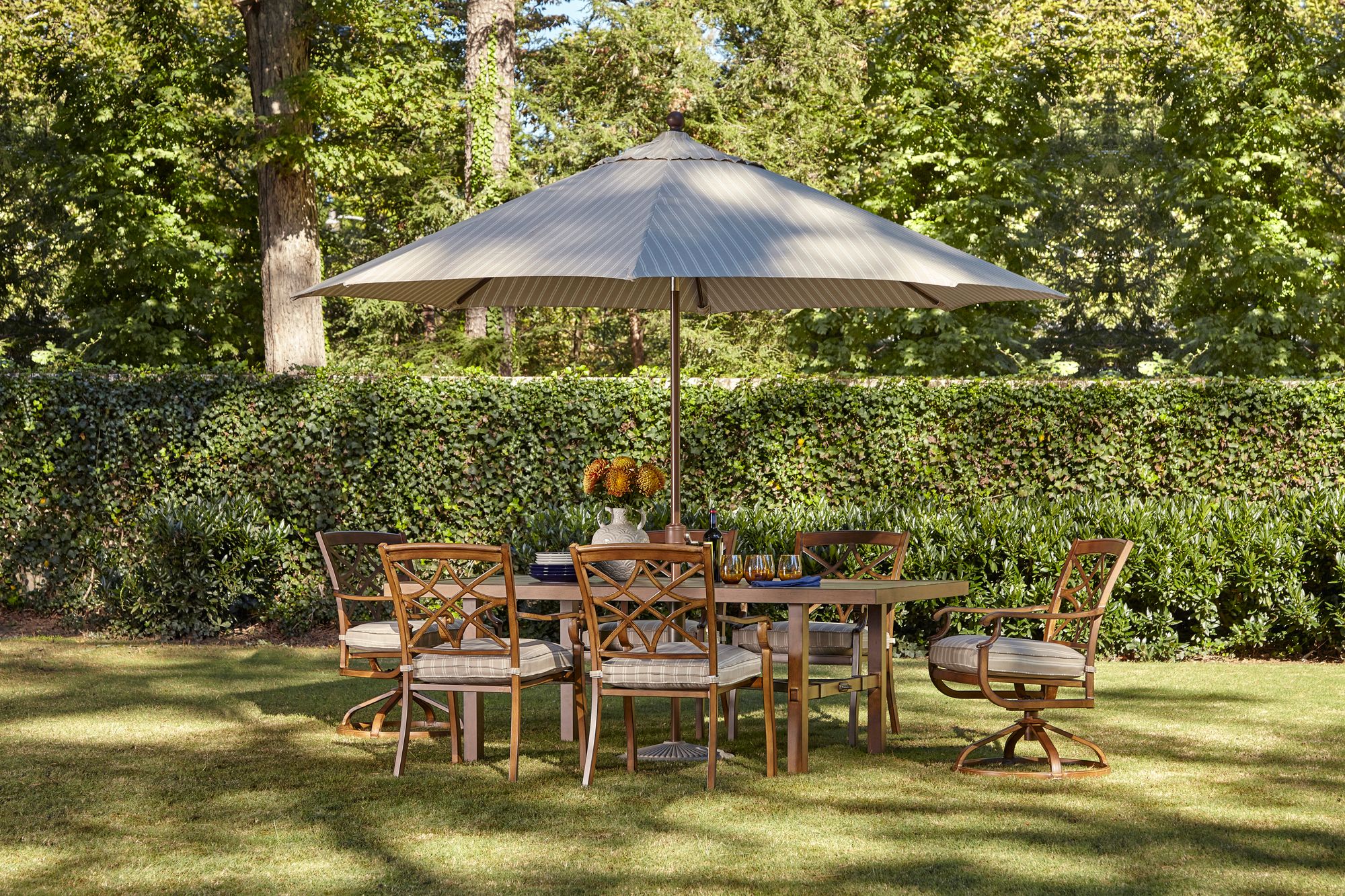 11-Foot Wide Striped Beige Canopy Umbrella