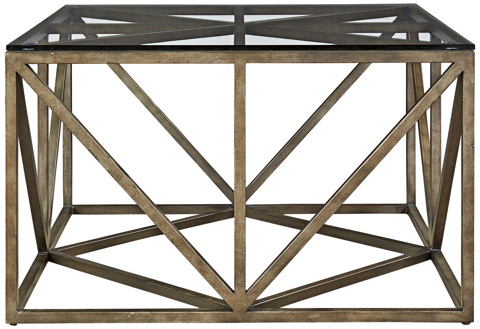 Authenticity 32" Square Glass Top Khaki Truss Cocktail Table