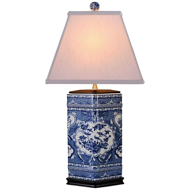 Image 1 Asian Birds Blue Hexagonal Porcelain Table Lamp