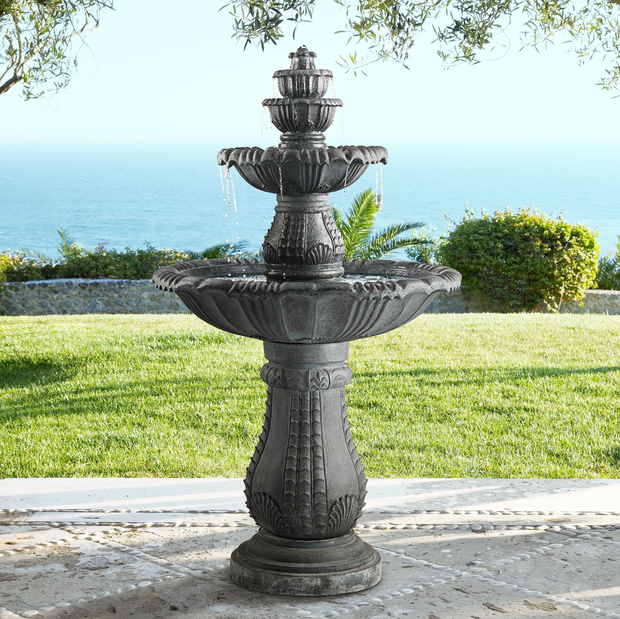 Italian Outdoor Floor Water Fountain with Light LED 56 3/4" 4 Tier Yard